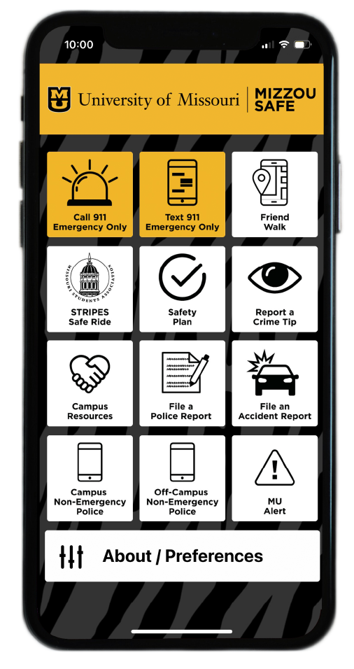 Image of the Mizzou Safe App Homescreen